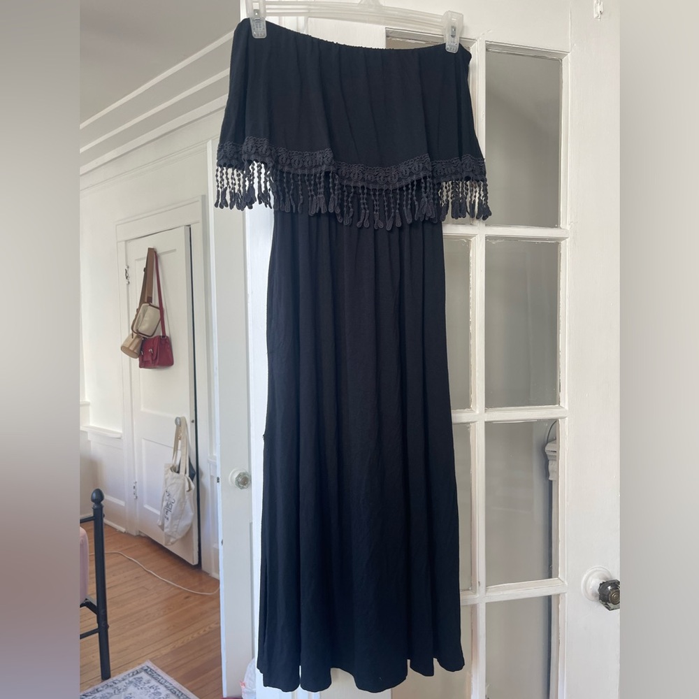 Bohemian Black Strapless Dress with Pockets